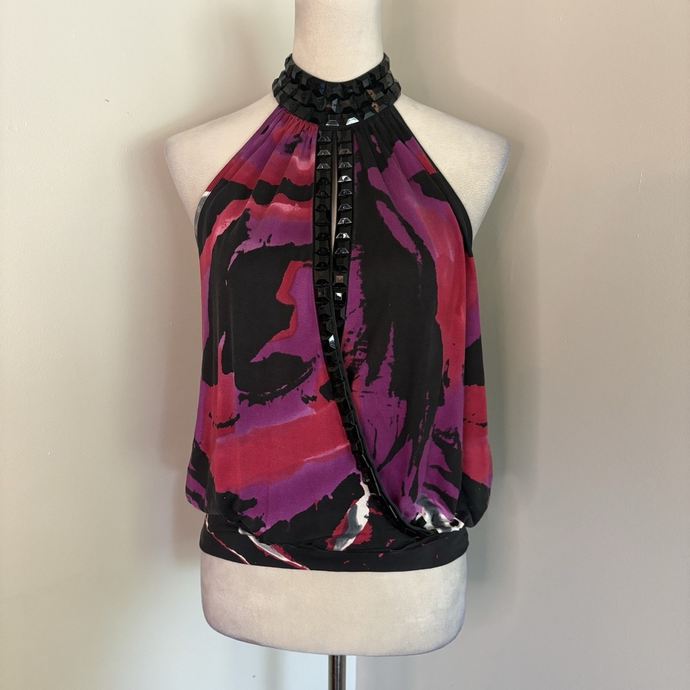 VTG Bebe Silk Halter Top Y2K Embellished Studded Pink Purple Black Blouse Small